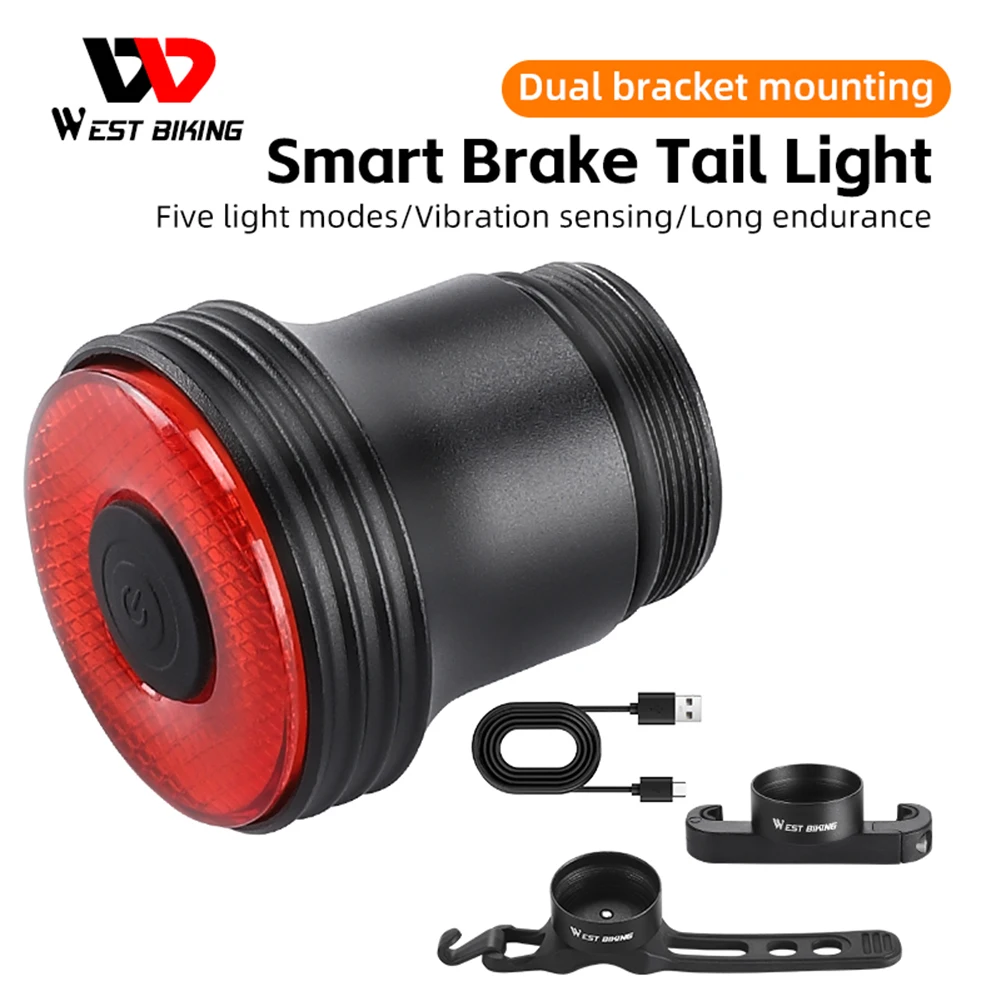 WEST BIKING Bicycle Smart Brake Rear Light LED 400mAh Warning Taillight Aluminum Alloy Type-C USB Rechargable Cycling Equipment