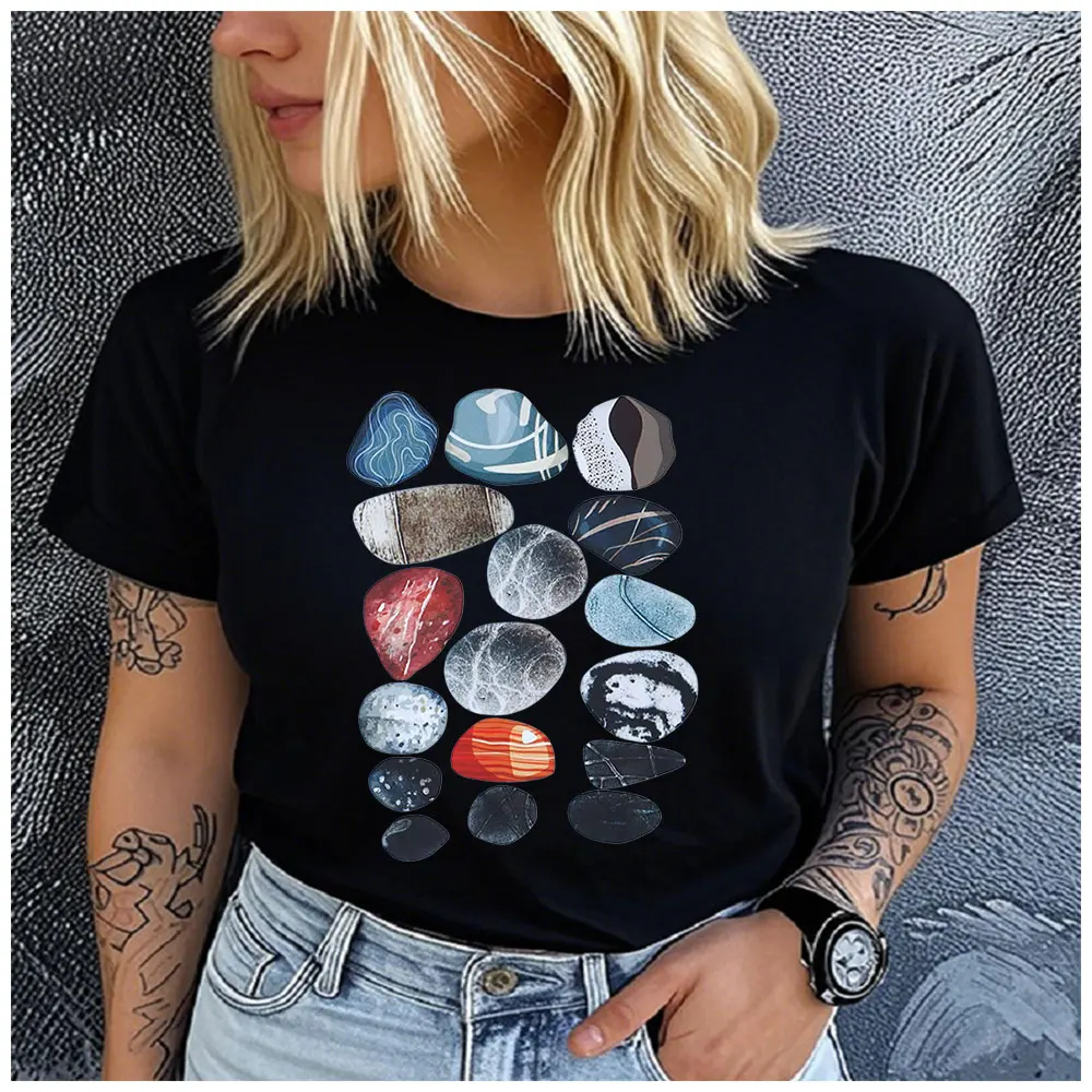 Women's Cotton 100% Trapezoidal stone Print Base T-shirt Loose round Neck Casual Short Sleeve Fashion  Wholesale Clothing Summer