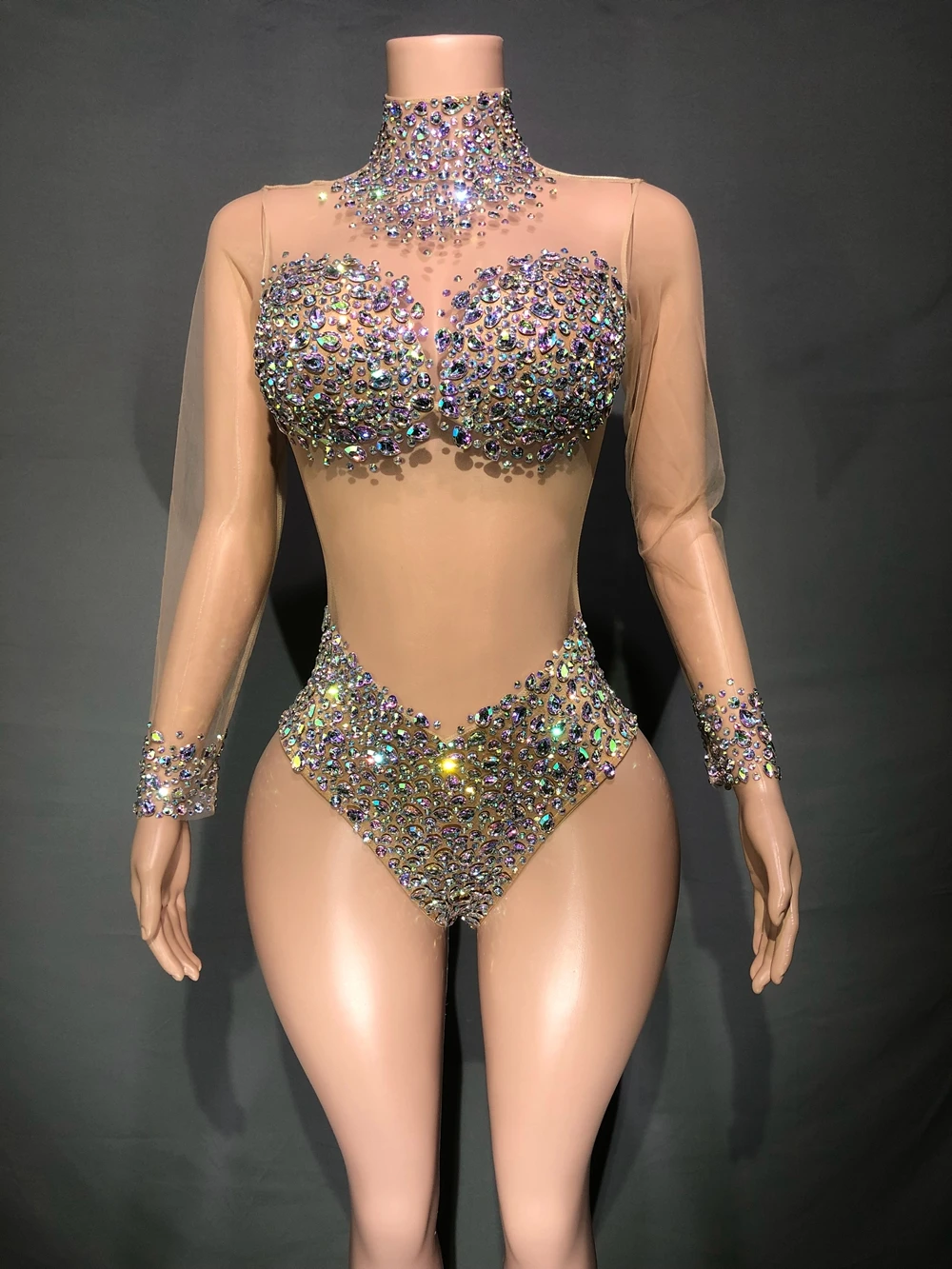 Sparkly AB Rhinestones Bodysuit Sexy Mesh See Through Dance Costume Performance Leotard Women Nightclub Outfit Dancer Stage Wear