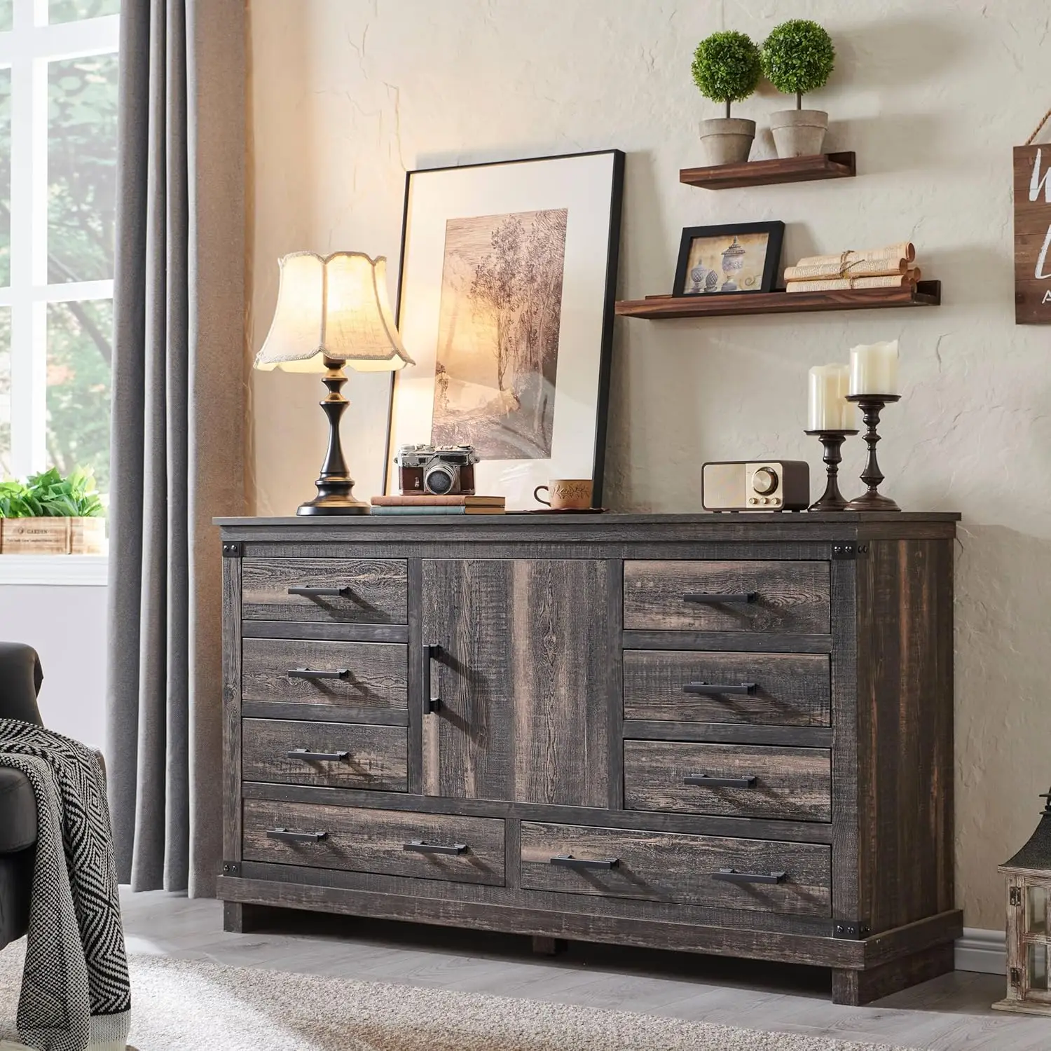 Farmhouse 8 Drawer Dresser for Bedroom - 54 Inch Wide Dresser TV Stand with Storage & Adjustable Shelves, Wood Dressers & Chests