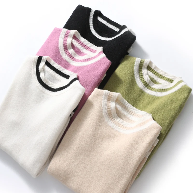 

Spring New Round Neck 100% Pure Woolen Sweater Women's Loose Pullover Color-blocking Versatile Fashion Cashmere Knitted Underlay