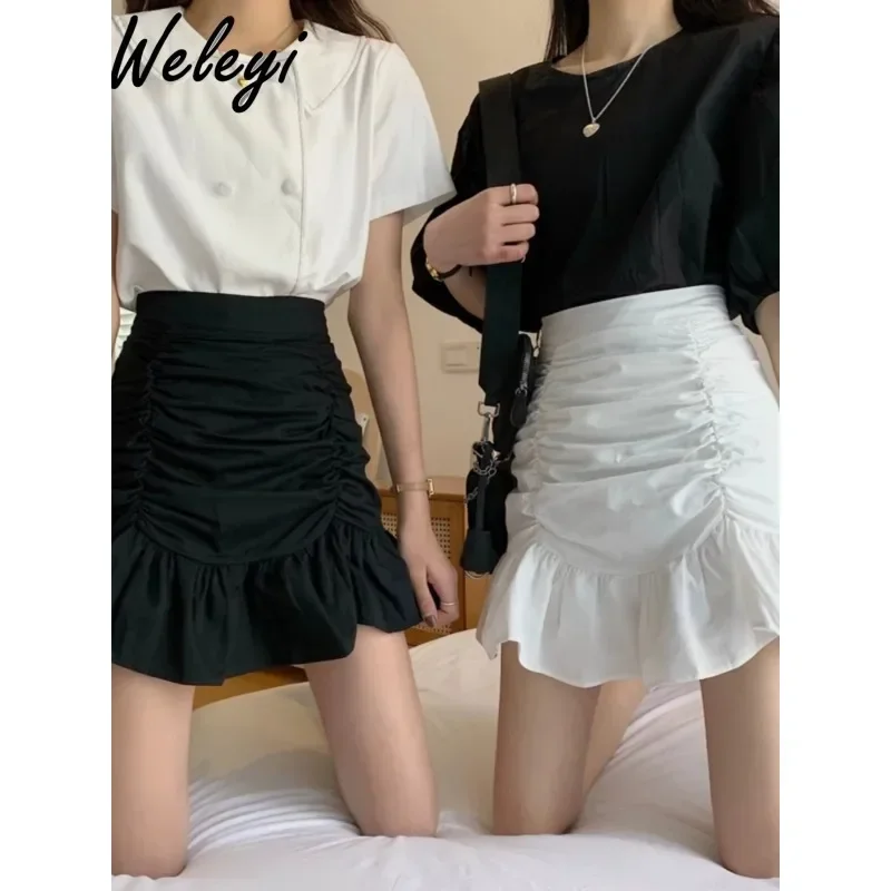 

Women's Sweet Large Y2k Skirt Korean Style Clothes 2024 Spring New Student High Waist A Line Wrap Hip Fold Short Fishtail Skirts