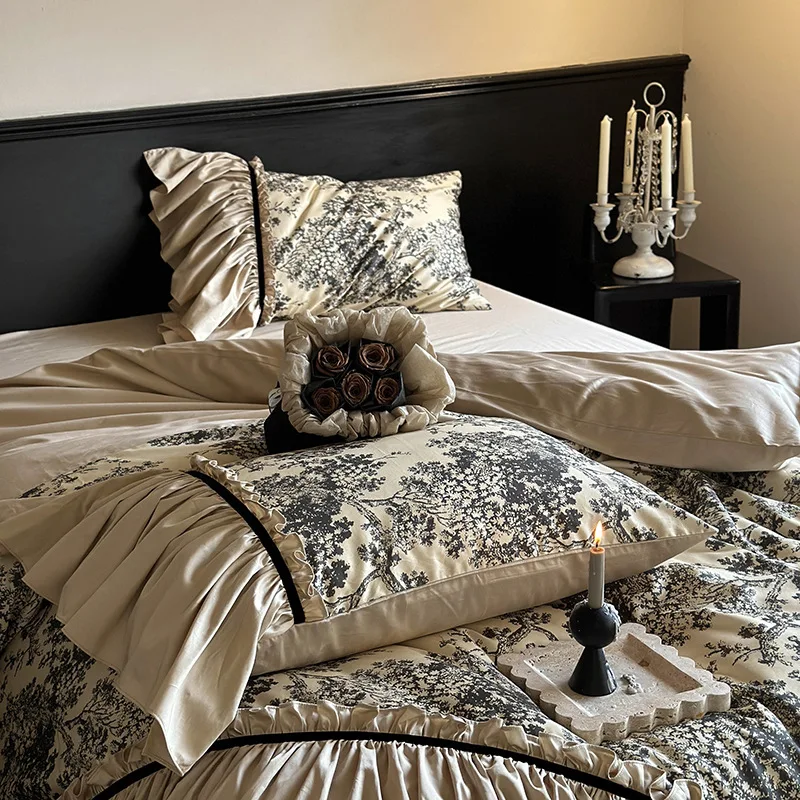 French cotton satin sheets four-piece cotton quilt cover printed retro lace premium bedding