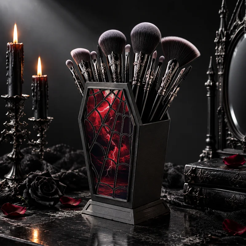 Gothic Coffin Shape Pen Holder Red Lightning Cloud Print Desktop Makeup Brush Storage Organizer Halloween Vanity Table Decor Sta