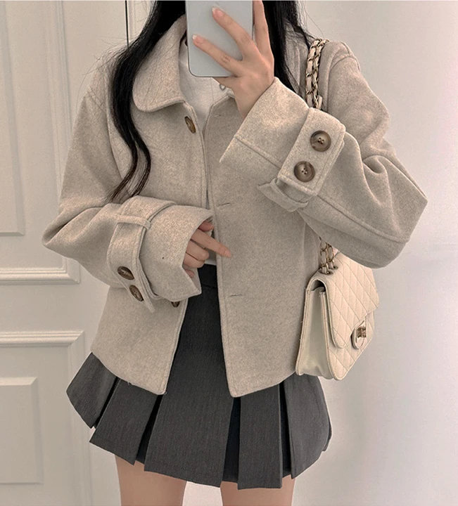 Korean Versatile Short Woolen Coat Single Breasted Trench Casual Jacket Loose Simple Basics Outerwear Autumn Women's Clothes