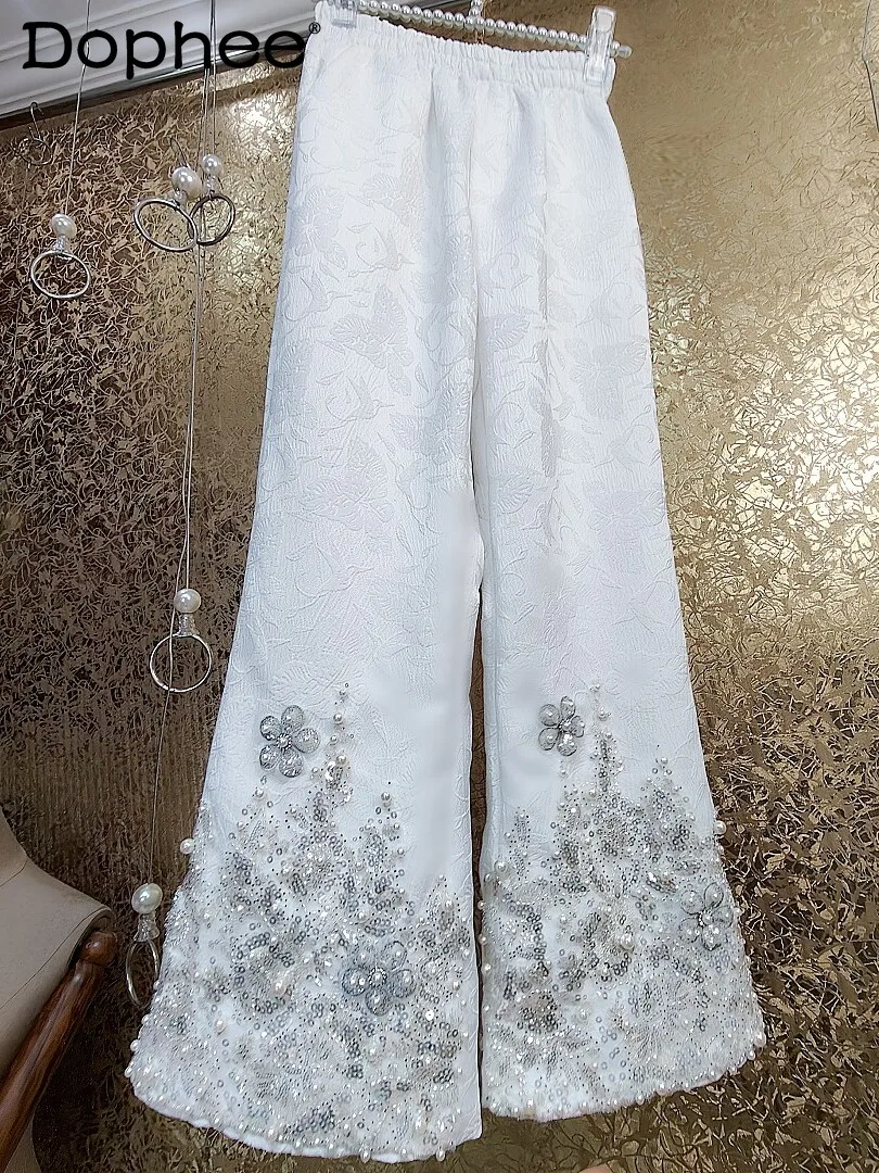 

Fashion Beaded Retro Bell-Bottom Pants Female 2024 Spring New Heavy Embroidery Sequins Fairy Style 3D Carved Flower Casual Pants