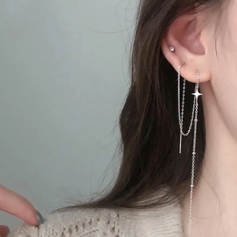 Vintage 925 Sterling Silver Bar Long Thread Tassel Drop Earrings for Women Glossy Star Star Earring Fashion Jewelry 2025 New