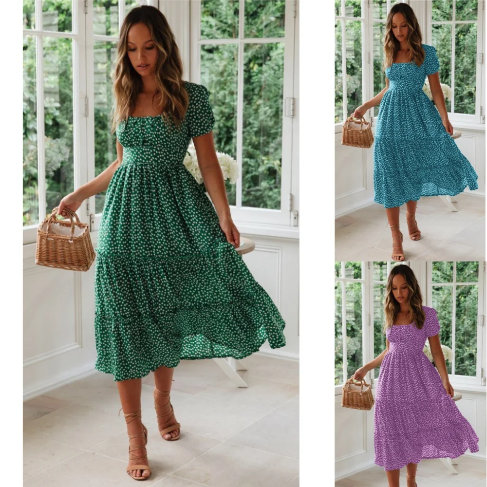 Elegant Women's Chiffon Dress 2024 Summer Square Neck Bubble Sleeve Fragmented Flower Green Dress Robe