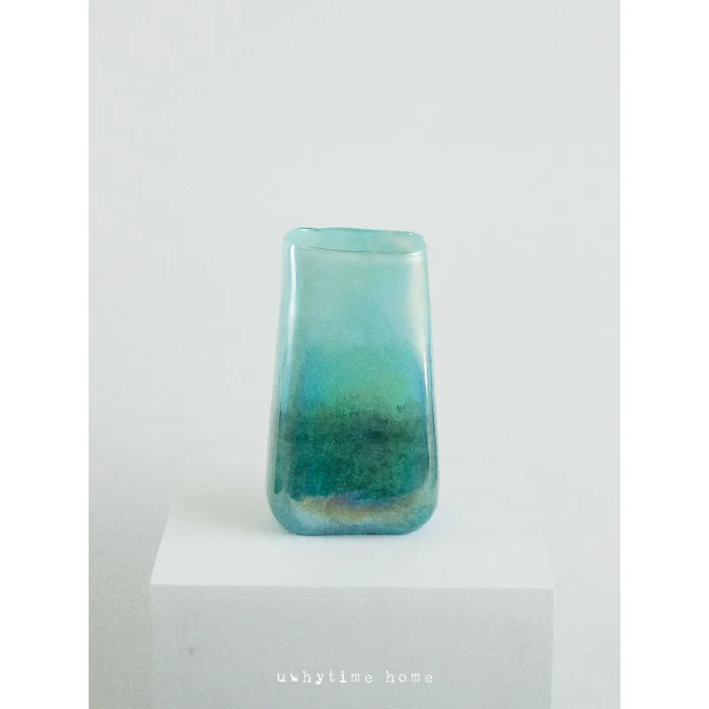 New Chinese oriental atmosphere handmade art gradual change blue-green glazed glass straight vase home soft decoration