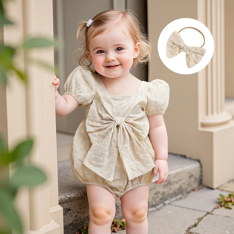 

0-18M Newborn Infant Baby Girl Romper Short Sleeve Flower Jacquard Jumpsuit Soft Baby Girl Summer Clothes Costumes with Hairband