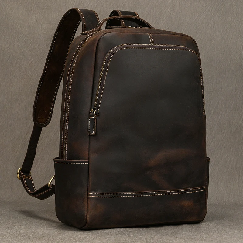 Mochila de cuero para hombre, bolsa para ordenador portátil de 2023 pulgadas, de viaje, estilo vintage, para negocios, novedad de 15,6