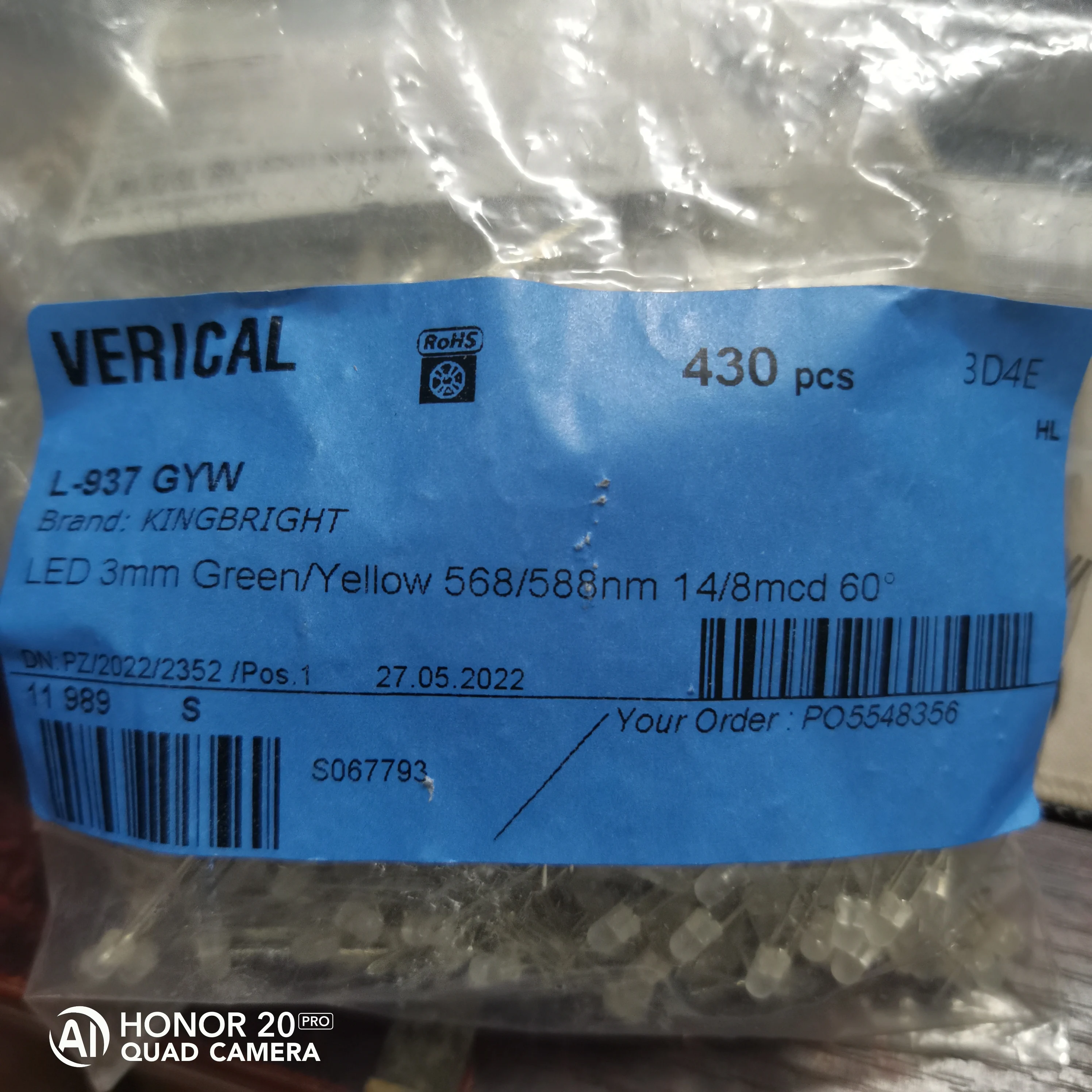 50Pcs/Green/Yellow LED L-937GYW, 20 mcd, 2-pin 3mm (T-1)