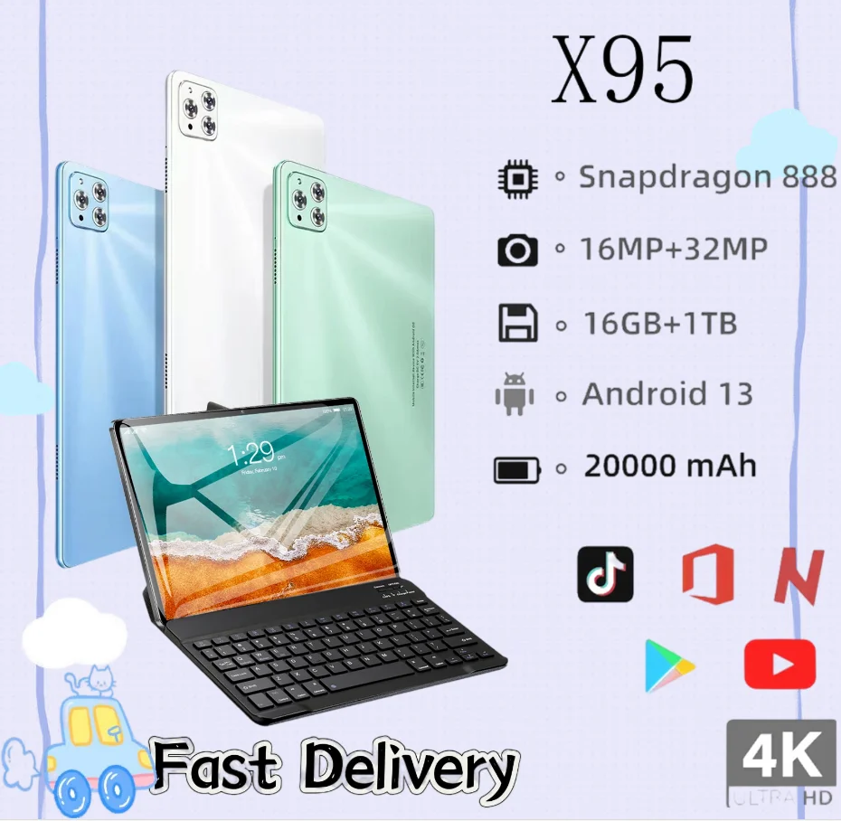 

Global Edition X95 Tablet 11 inch 16GB RAM 1TB ROM Tablet Bluetooth5.0 5G GPS Android13 20000mAh Sanpdragon870 GPS Office Laptop