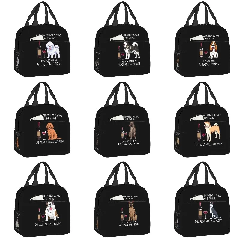 Bichon Frise And Wine Funny Dog Portable Lunch Box Waterproof Pet Puppy Thermal Cooler Food Insulated Lunch Bag Office Work