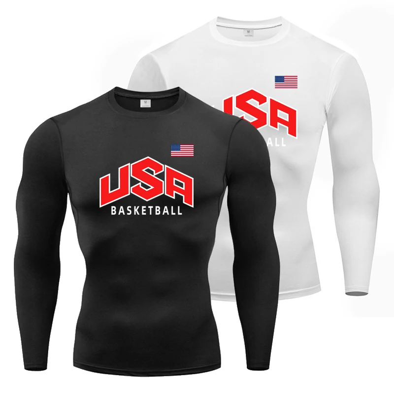 Usa Flag Basketball Athletic Men Running T-Shirt Compression Long Sleeve T Shirt Workout Bodybuilding Fitness Quick Dry Rashgard