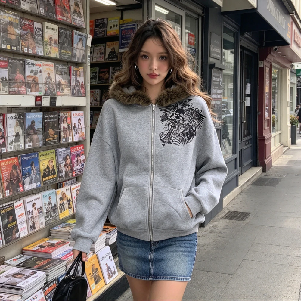 Unisex Faux Fur Collar Zip Up Hoodie, Gray Skull Wing Cross Graphic Print Loose Hooded Jacket Y2K Streetwear Autumn Winter