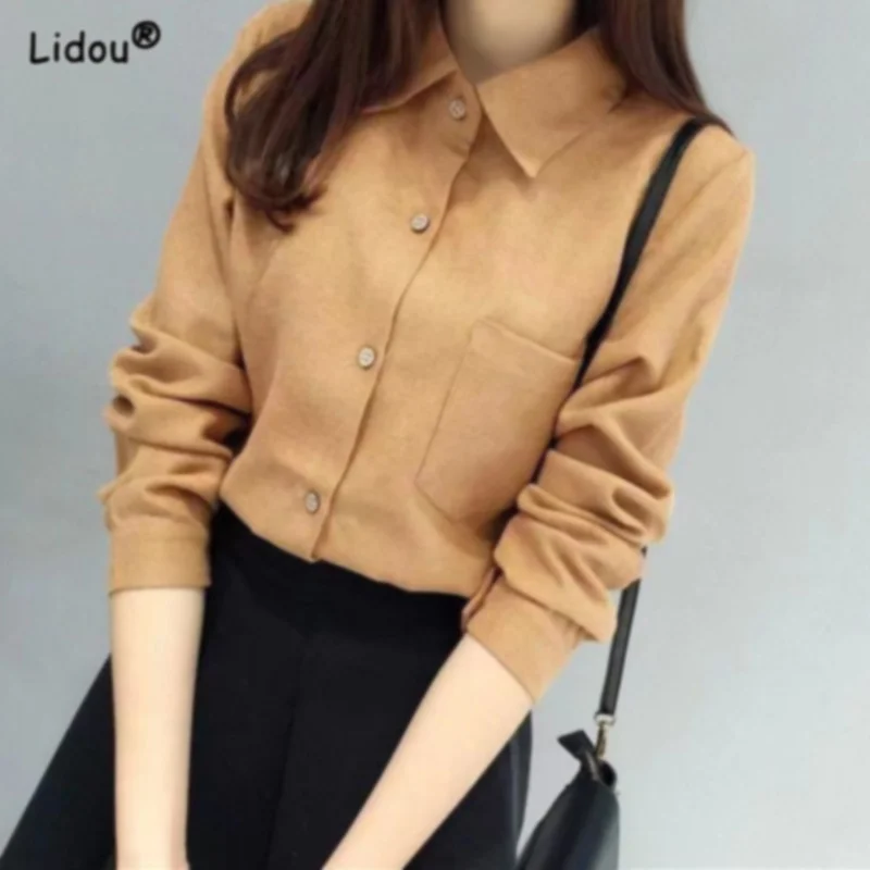 Fashion Trends Women Clothing Shirt Tops Polo Collar Skinny Corduroy Regular Solid Color Comfortable Pocket Popularity Button