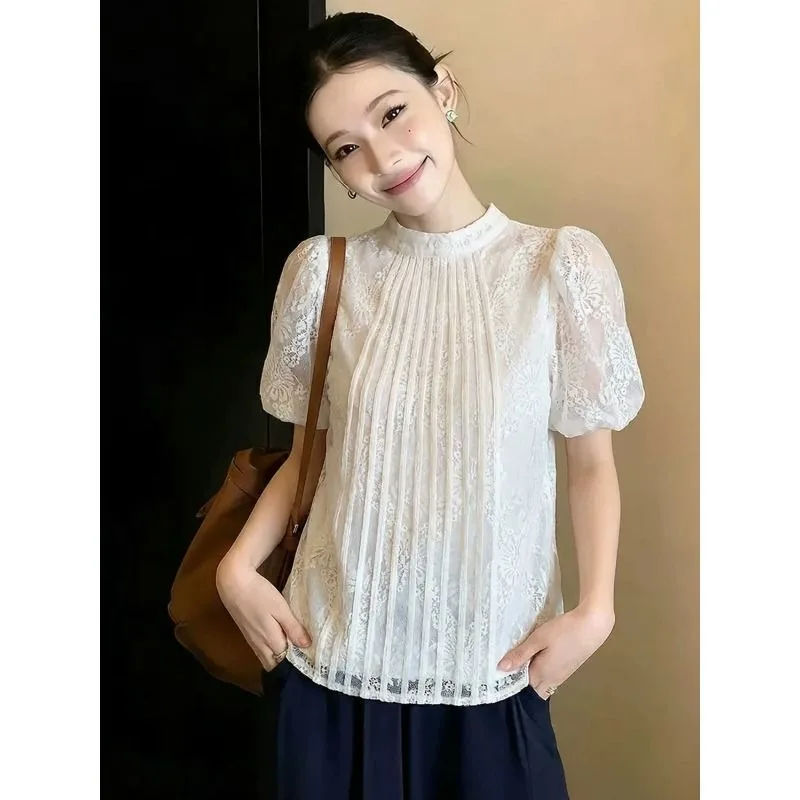 

Women's Lace Puff Sleeve Blouse Summer Elegant Pleated Stand Collar Top