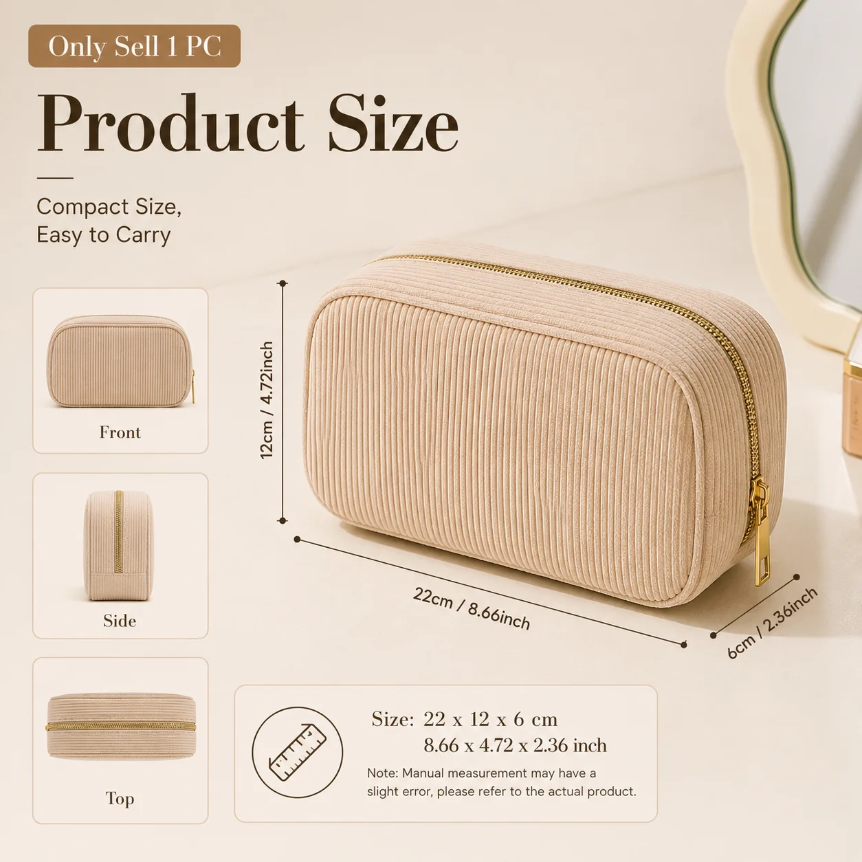 1Pc Corduroy Makeup Bag, Shell‑Shaped Cosmetic Pouch, Soft Striped Texture With Gold Zipper Hardware