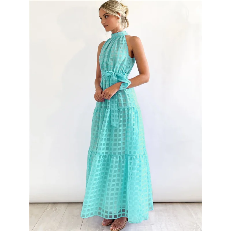 Abito estivo da donna maxi floreale da sole senza maniche con scollo all'americana e orlo fluido con volant Abiti lunghi Boho con cintura