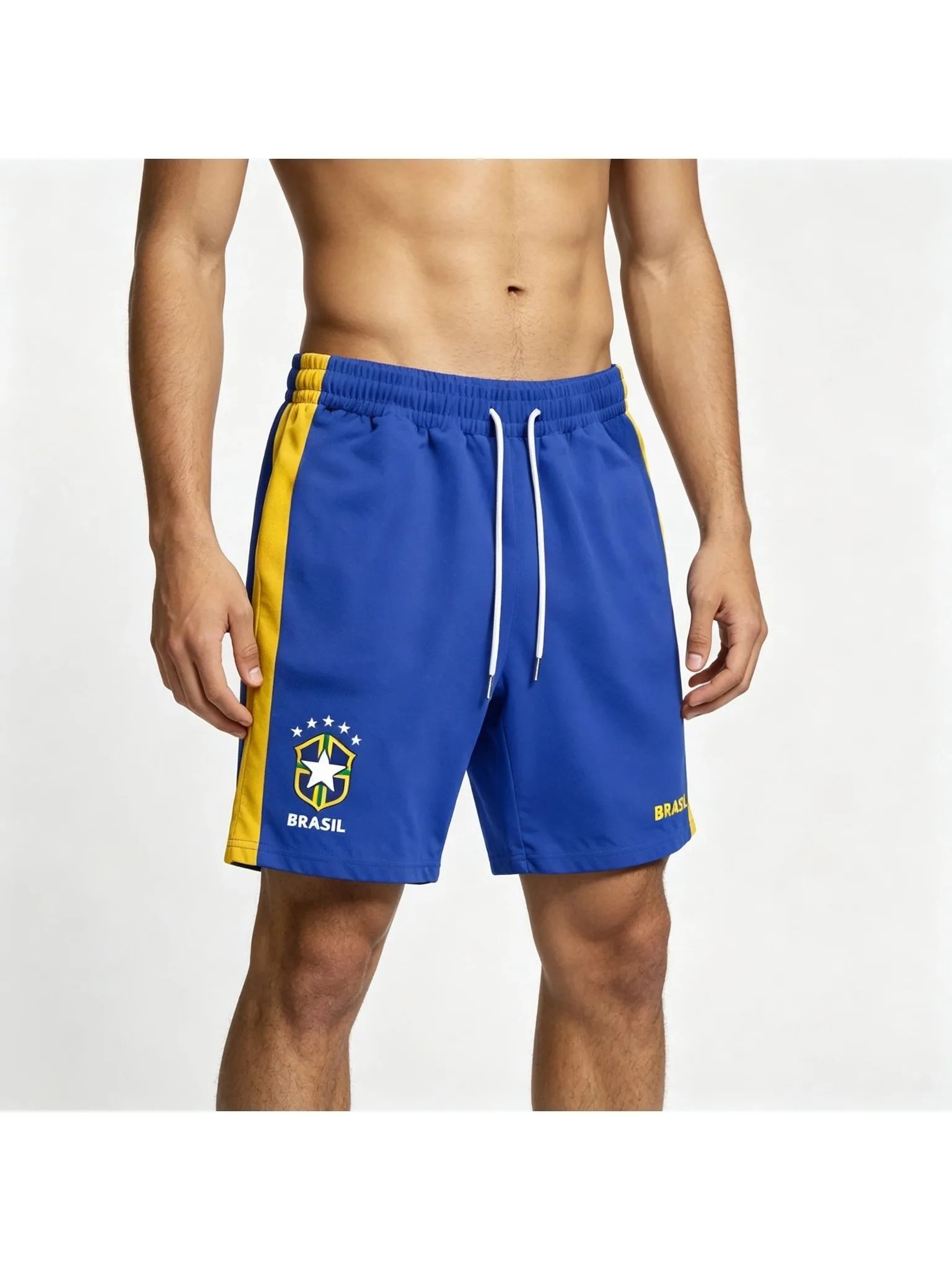Fußballshorts im Brasilien-Stil, blau-gelb, mit Brasilien-Wappen, atmungsaktive Streetwear, trendige, dünne Urlaubs-Shorts, Moto. – Detail 3