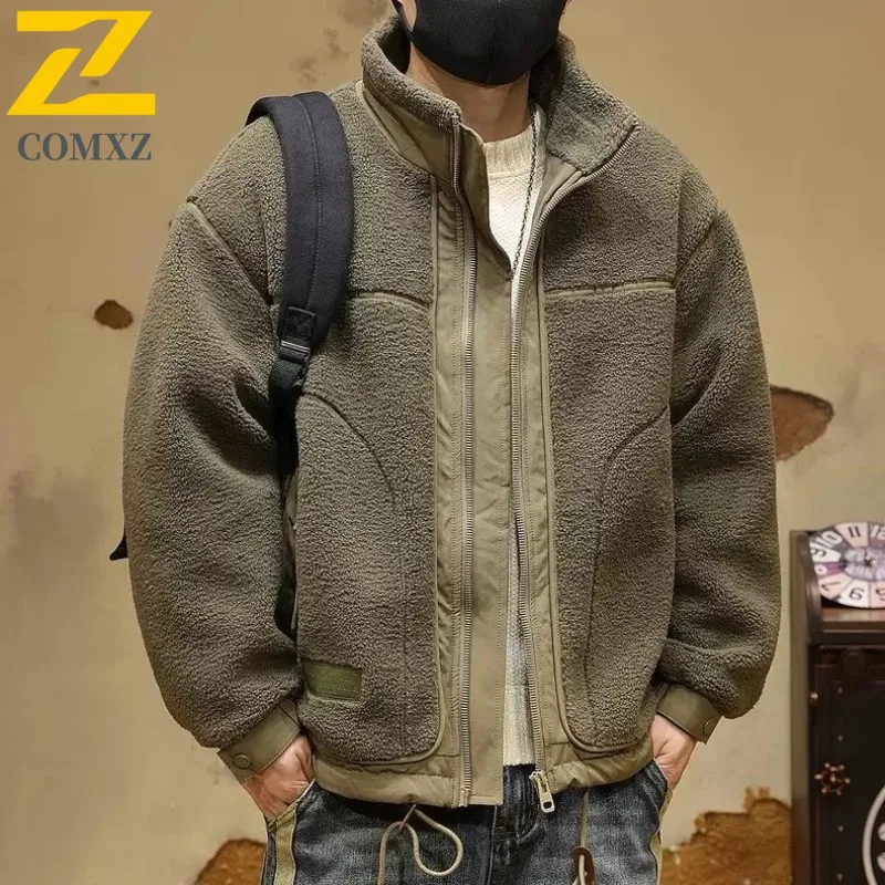 سترة شتوية للرجال من COMXZ للسفر في الشوارع عالية الجودة للسفر والتنزه سترة مبطنة بالقطن للمشي اليومي وياقة فضفاضة من الصوف