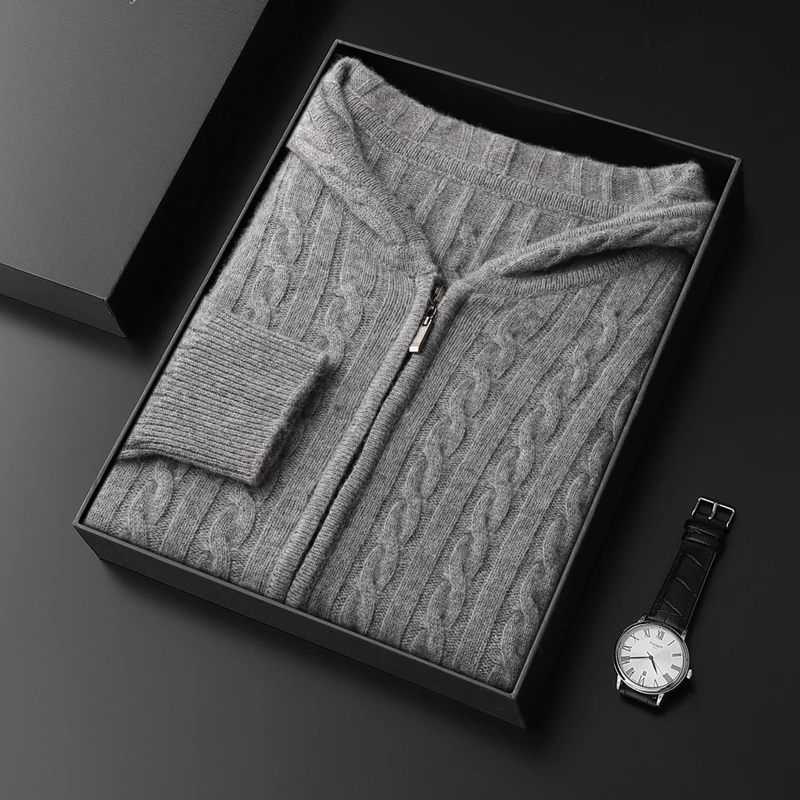 Men's Coat Autumn and Winter Thick 100% Cashmere Hooded Knitted Cardigan Fashionable Twisted Flower Long Sleeved Warm Shirt