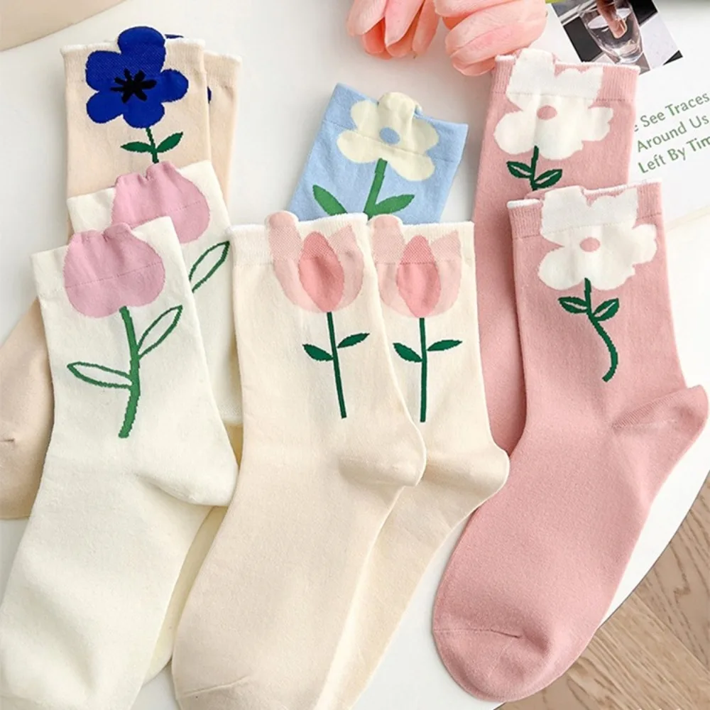 Cartoon Flower Women Socks Ins 3D Flower Cotton Mid Tube Socks Breathable Candy Color Tulip Socks Ladies