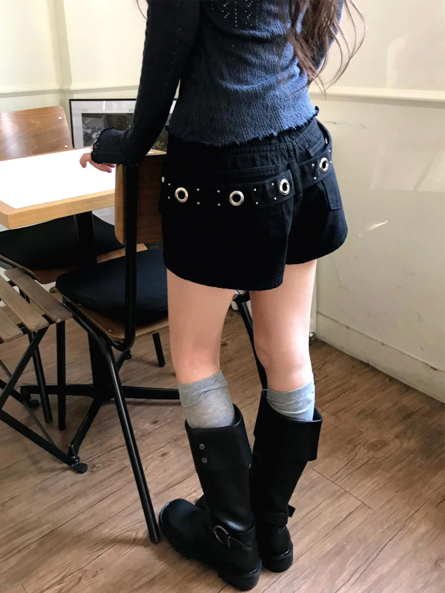 Summer New Chic Hollow out Ring Link Flip Side Bodycon Denim Shorts Women's Folded Hot Pants Straight Leg Natural Waist Cotton