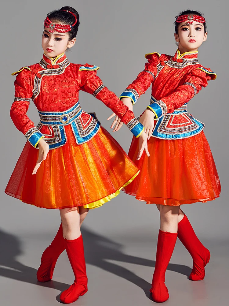 Traje de Danza Mongol para Niñas, Vestido Étnico Mongol para Danza del Palo, Túnica Nacional Blanca C