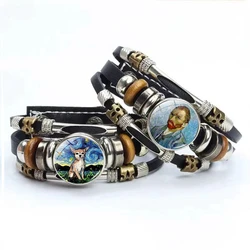Classic Van Gogh Starry Sky Oil Painting Bracelet Art Design Multi-layer Leather Glass Pulseras Charm Bracelet Women Friend Gift