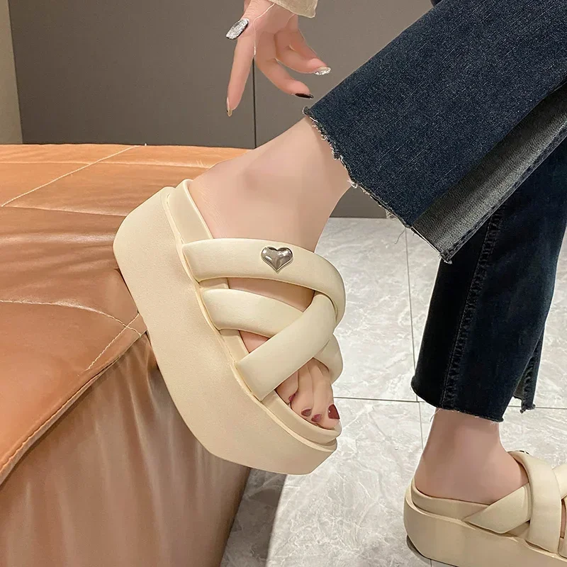 Summer 2023 Chunky Sandals Women\'s Thick Bottom Wedge Heels Slides 8CM High Heels Platform Leather Casual Beach Flip Flops Woman