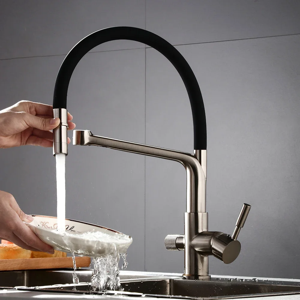 الحديثة المزدوج مقبض ثقب واحد صنبور المياه الساخنة والباردة مرنة سيليكون خرطوم سحب صنبور المطبخ