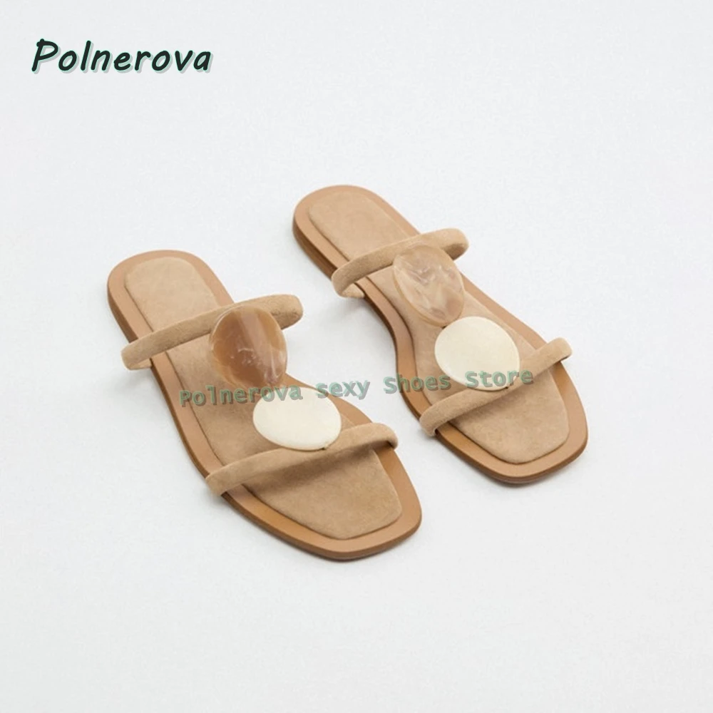 French Style Holiday Roman Slippers Square Toe Flat with Button Decoration Shallow Women Slides 2026 Summer New Arrivals Trend