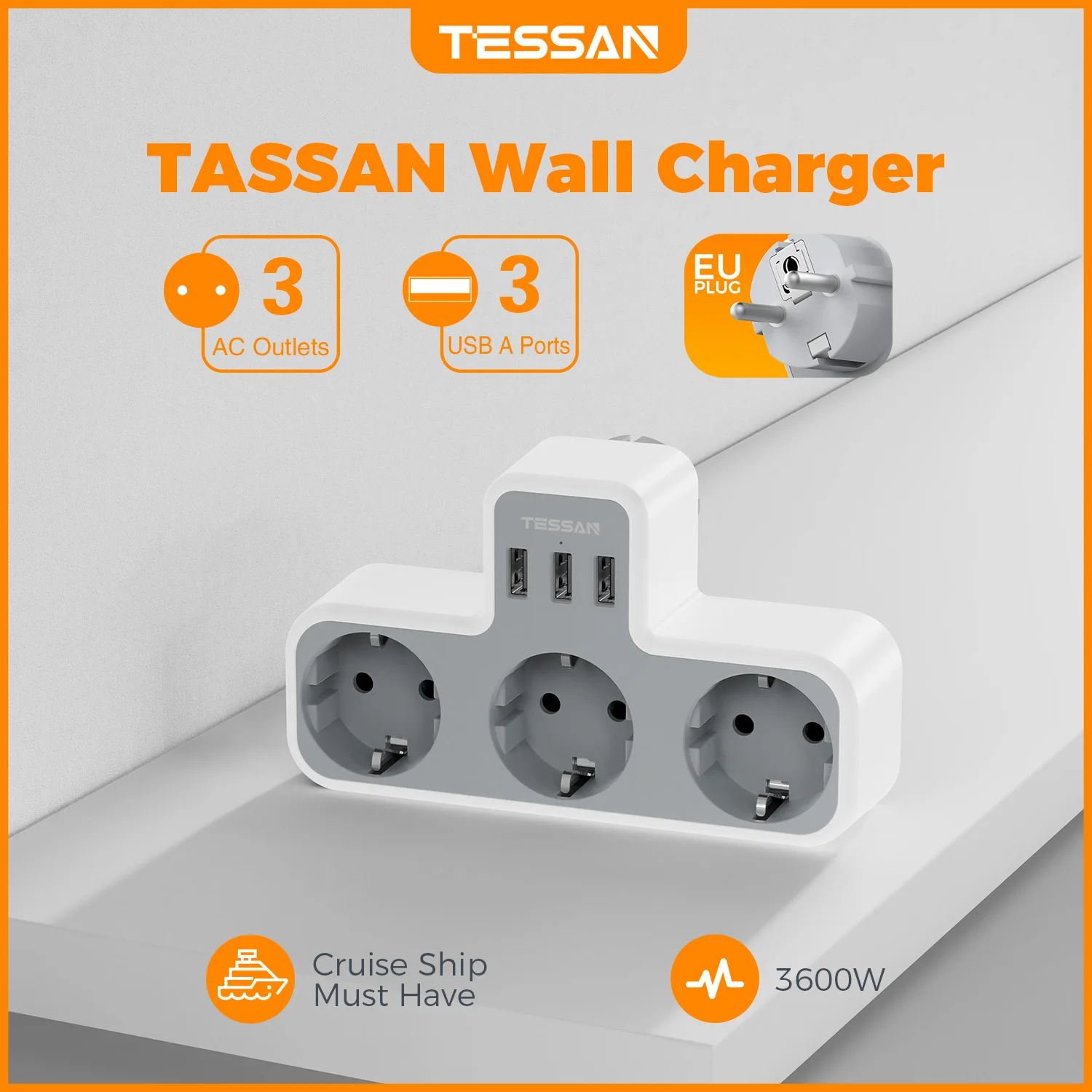 TESSAN 6-in-1 Multi Socket USB Charging Adapter with 3 AC Outlets and 3 USB A Ports 3600W 3-Way Wall Socket for Home Office