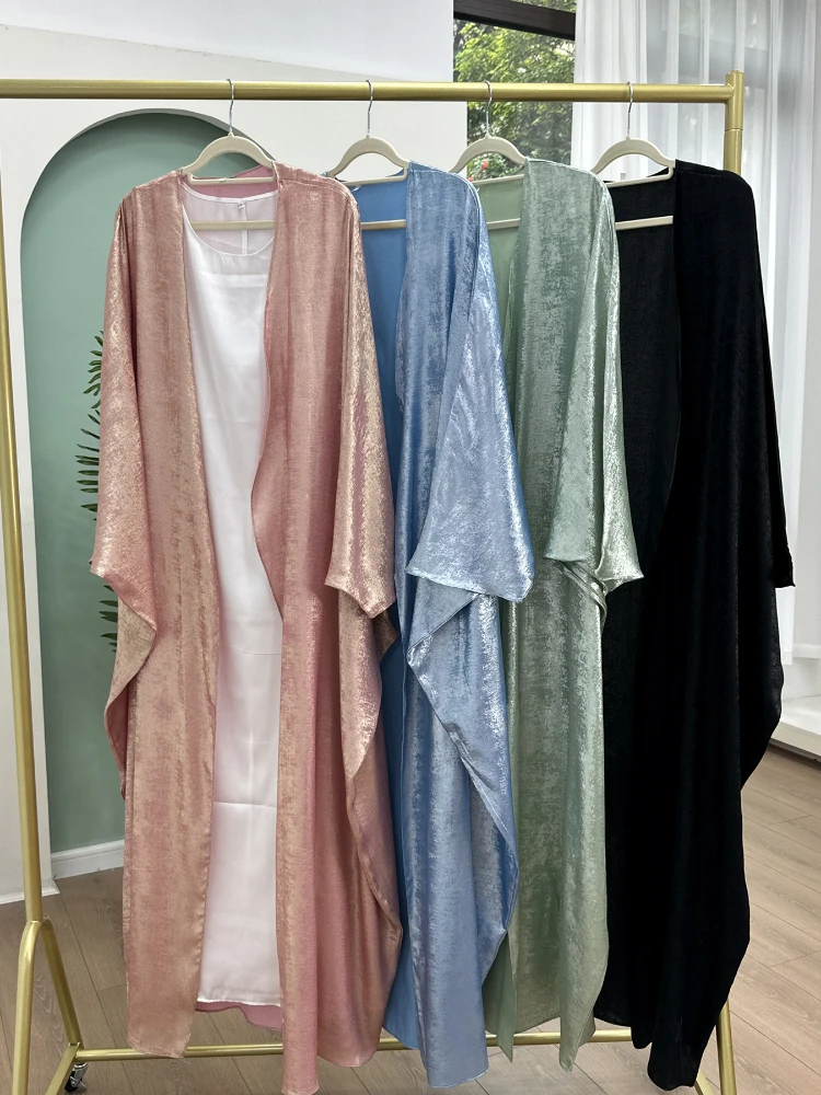 Eid Sliky Abaya na muzułmański strój imprezowy damski Ramadan Abaya rękaw w kształcie skrzydła nietoperza pas marokański Kaftan Vestidos Largos