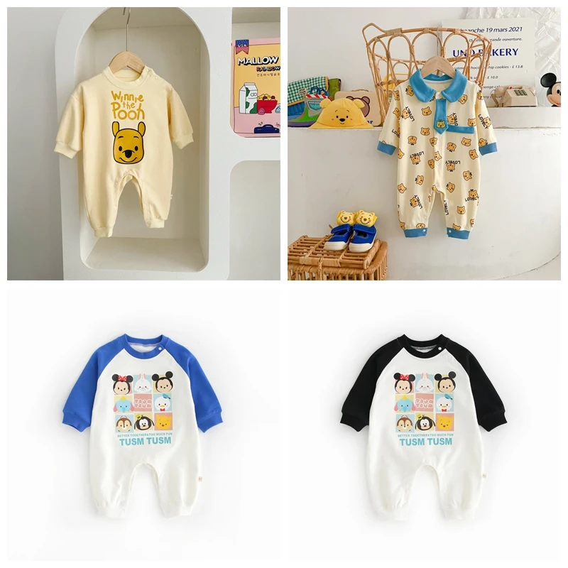 Spring Autumn Newborn Baby Boys Rompers Cartoon Winnie Pooh TUSM Mickey Print Long Sleeve Jumpsuit Cotton Kids Girl Outfit 0-2T