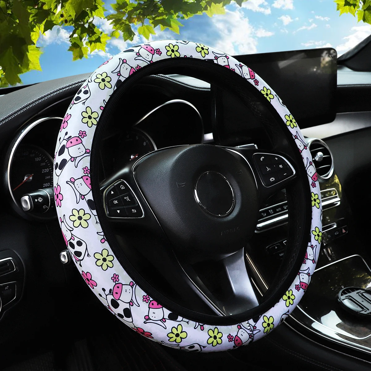 غطاء عجلة قيادة السيارة بدون إطار من القماش المطبوع من مواد الغوص مع أنماط زهر الكرز وعباد الشمس، وتزيين سيارة الأشباح