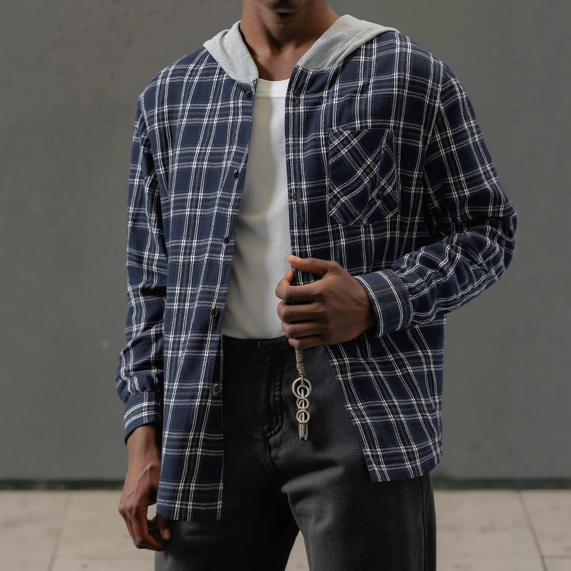 2026 Spring/Summer New Style Long-Sleeved Shirt Men's Hooded Plaid Jacket Trendy