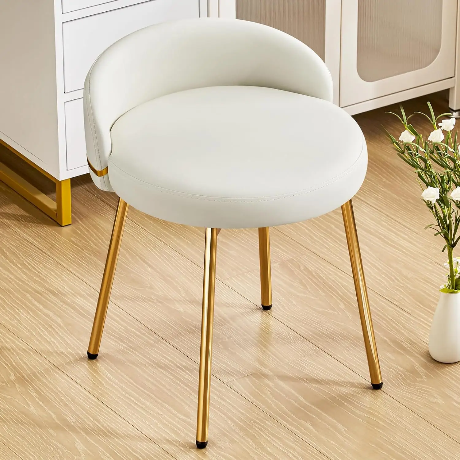 

Armless Vanity Chair Gold Base PU Leather Low Back Small Space Bedroom Dress Room White Customized
