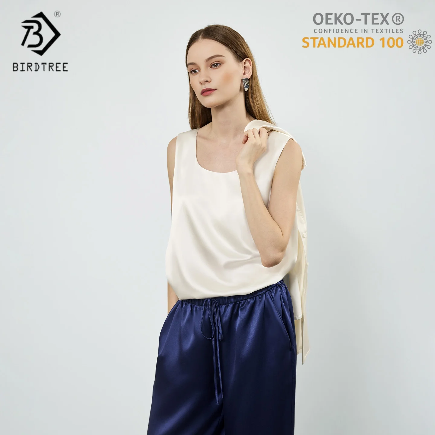 Birdtree,OEKO-TEX,19MM 90%  Silk Camisole,Women's Sleeveless Solid Pajamas,2025 New Casual Home Wear Vest T5D204JF