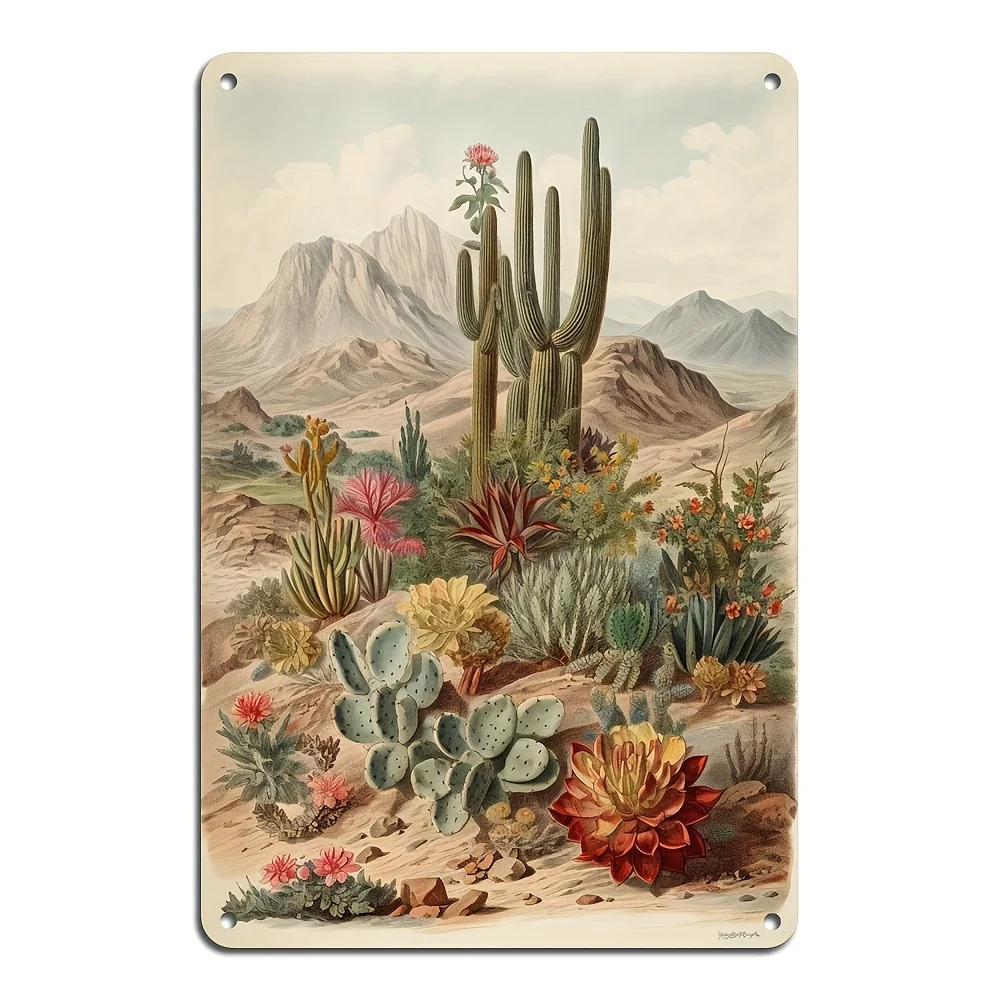 Desert Cactus Landscape Pattern Tin Metal Painted Sign Vintage Wall Decor For Bar Patio Waterproof Outdoor Tin Poster 8x12 inch