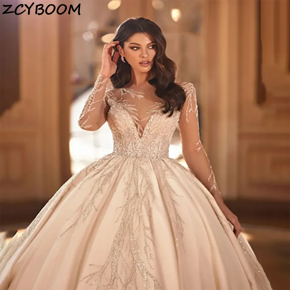 

Luxury Sweetheart Sequin Beaded Ball Gown Wedding Dresses 2023 Illusion Long Sleeves Court Train Tulle Bridal Gowns For Women