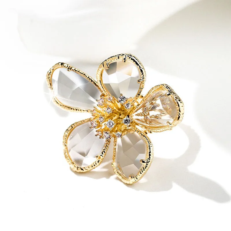 Luxury Crystal Flower Big Open Ring for Women Trendy Fashion Party Summer Holiday Statement Jewelry