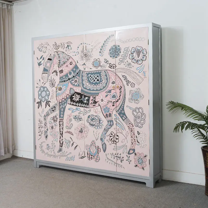New Chinese art horse painted bookcase household light pink storage cabinet solid wood frame living room bookshelf floor