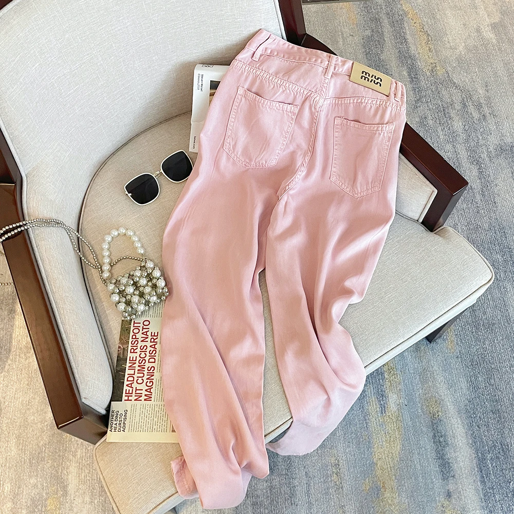 Korean version with smooth and flowing temperament, pink Tencel Lyocell straight leg wide leg denim pants for women's summer