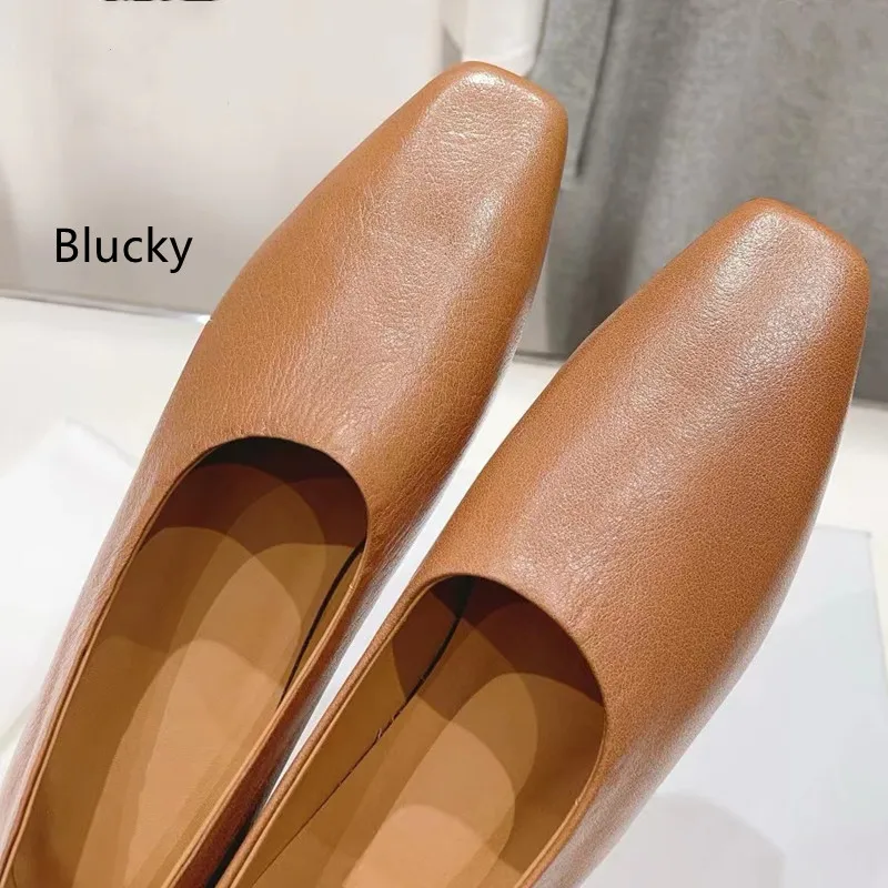 2023 Summer Womens Genuine Leather Slippers Square Toe High Heels Solid Color Slim Fit Fashion Style