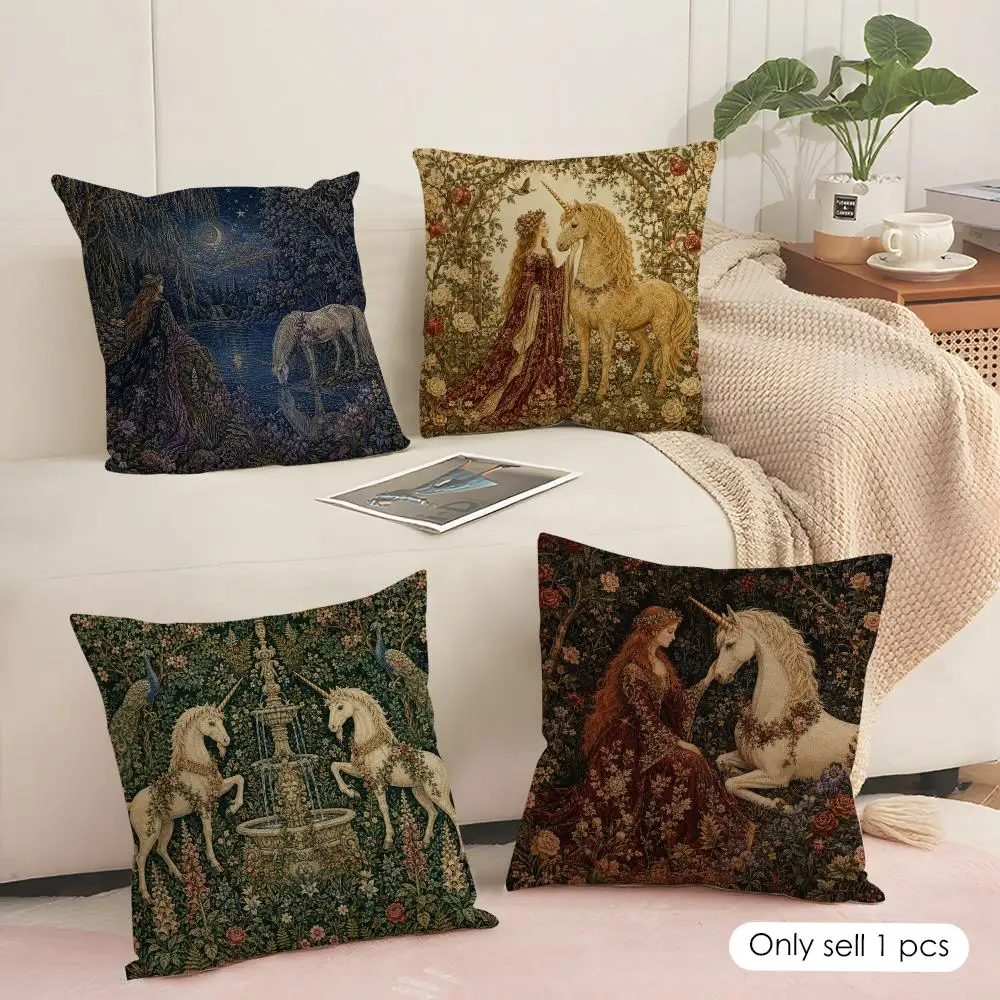 Unicorn Forest Romance Cushion Cover Soft Short Plush Pillow Cover Smooth Cozy Texture Aesthetic Cushion Case Home Decor