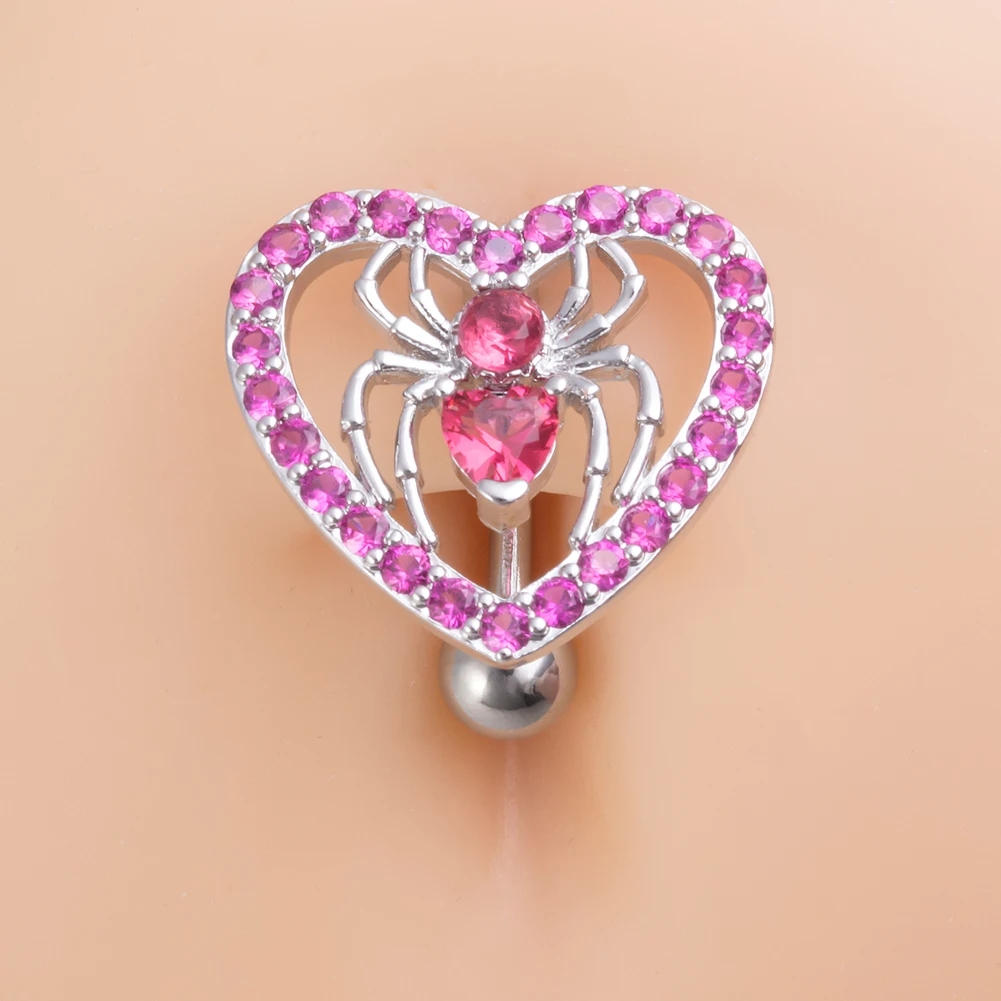 Heart Spider Pierc Belly Button Ring for Women Surgical Steel Clear Pink Zircon Reverse Curved Navel Piercing Body Jewelry 14G