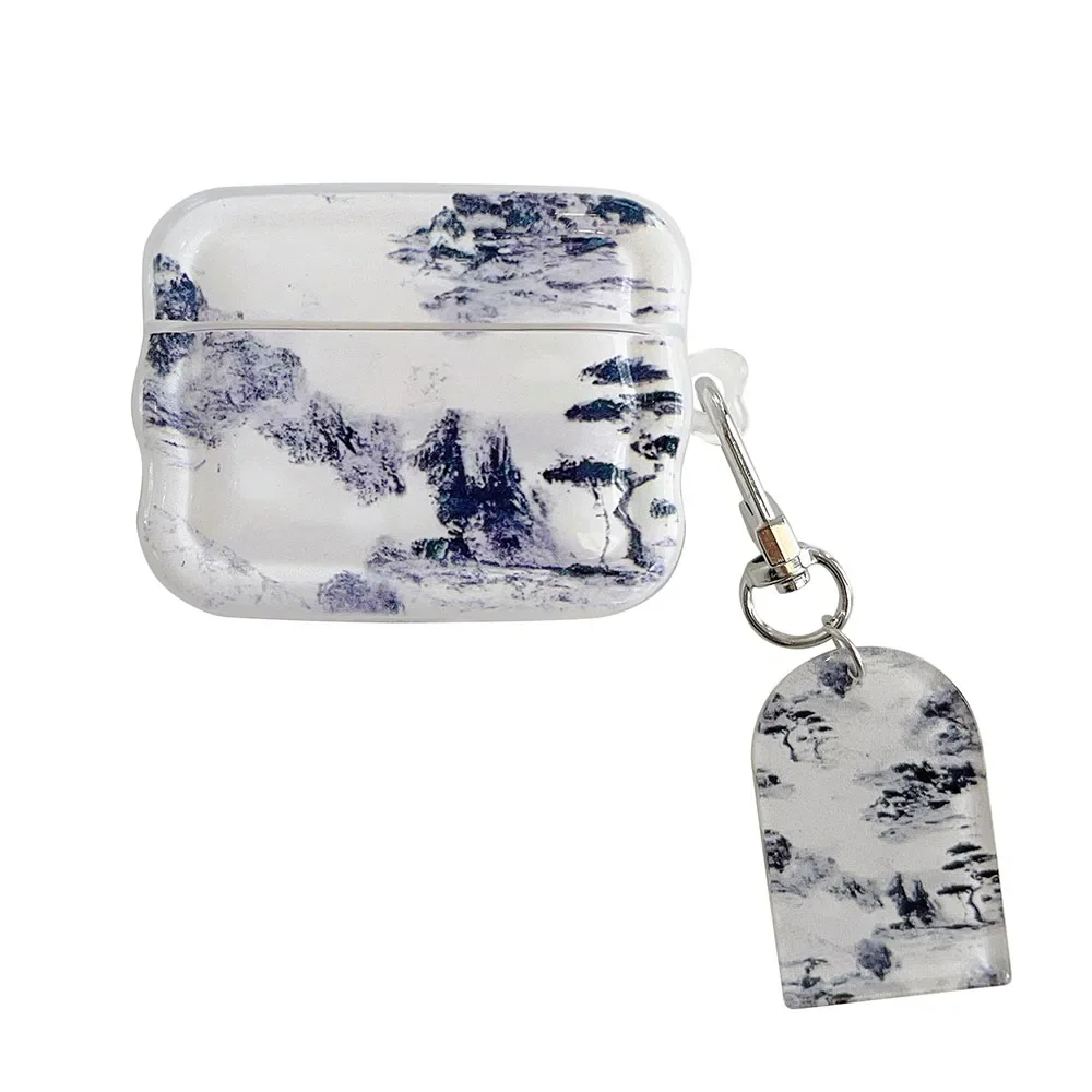 Chinese Landscape Painting Case For AirPods 1 2 Pro 3 Shell Case with Keyring for AirPod Pro2 Earphone Case Soft Protector Cover